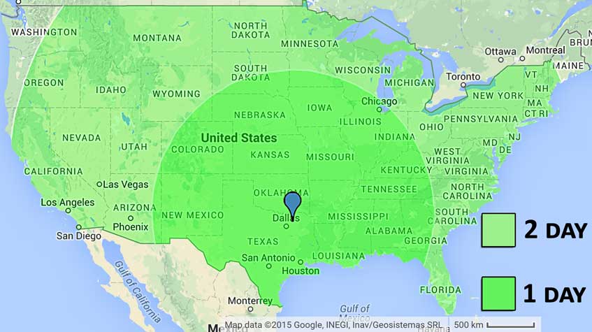 Map of the USA showing locations that can expect 1 day or 2 day shipping of HPGFRC products by truck